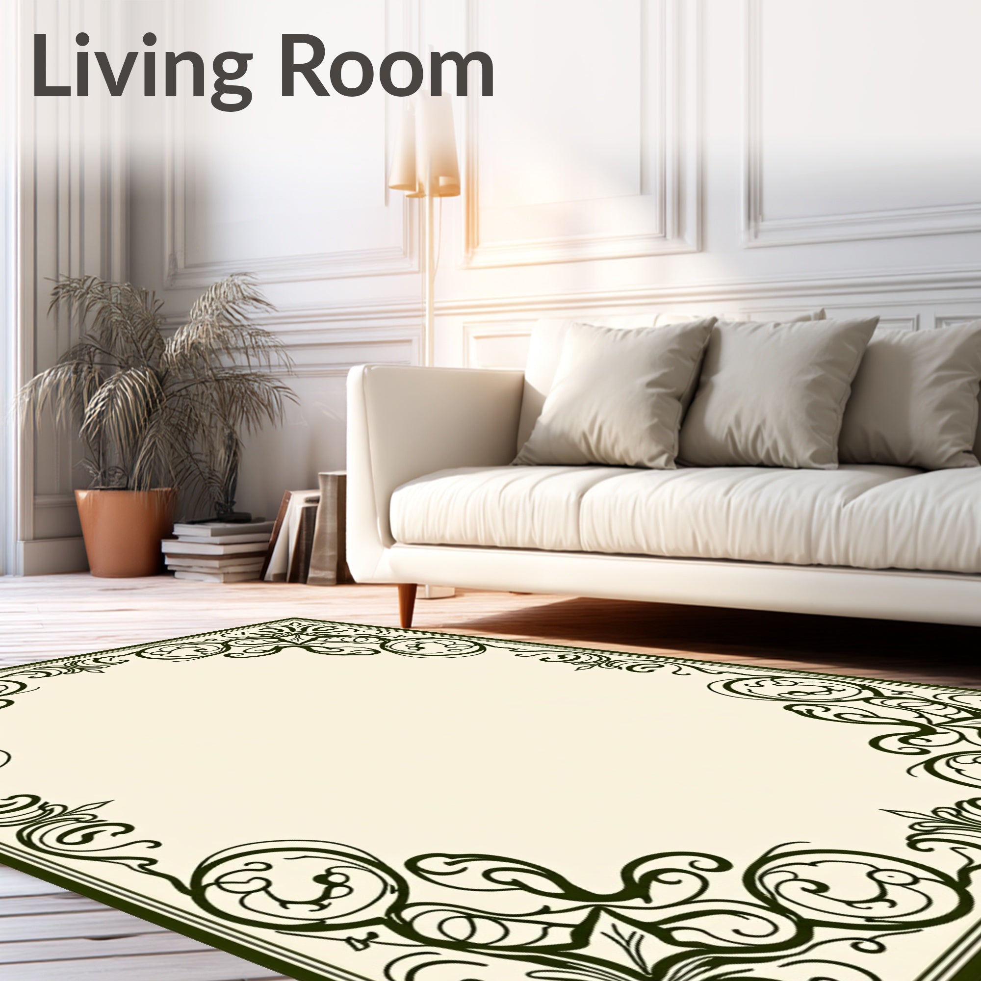 Ornate Dark Green Scrollwork Frame Rug
