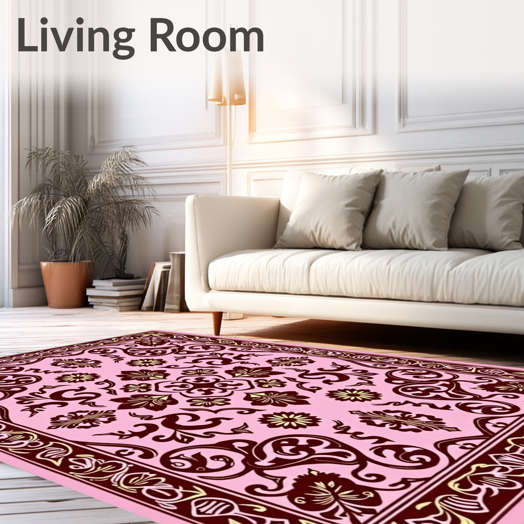 Pink and Burgundy Floral Scrollwork Rug