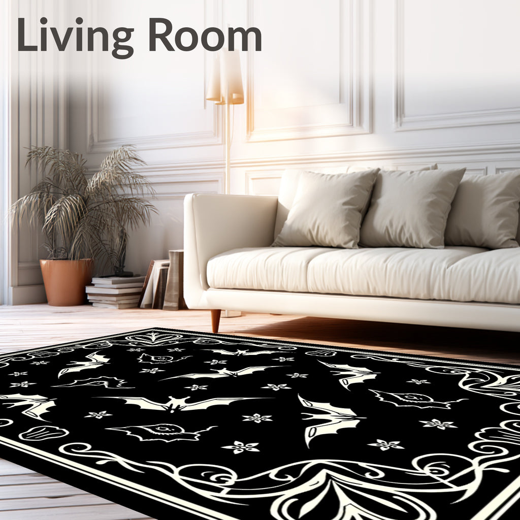 Black Cream Flying Bats Floral Frame Rug
