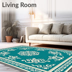 Turquoise White Scrollwork Medallion Border Rug