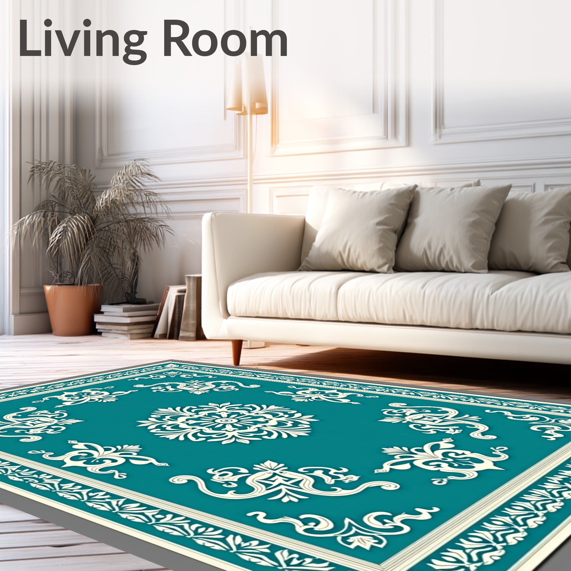 Turquoise White Scrollwork Medallion Border Rug