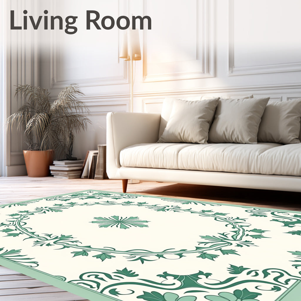 Ivory Green Floral Scroll Medallion Rug