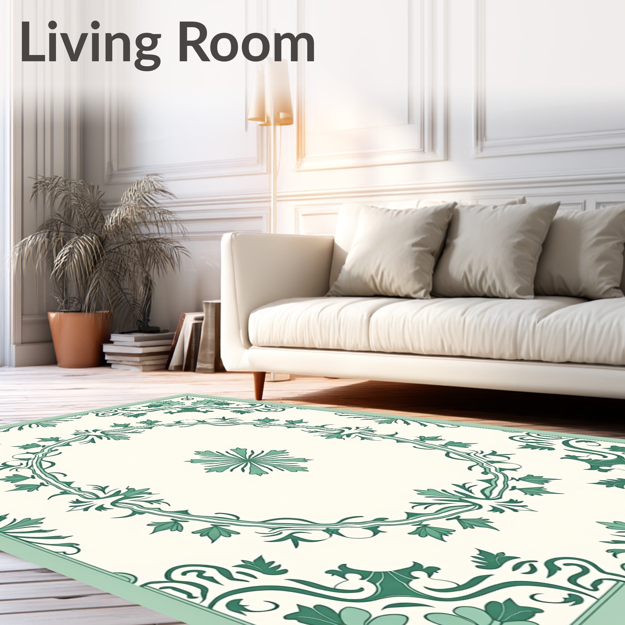 Ivory Green Floral Scroll Medallion Rug