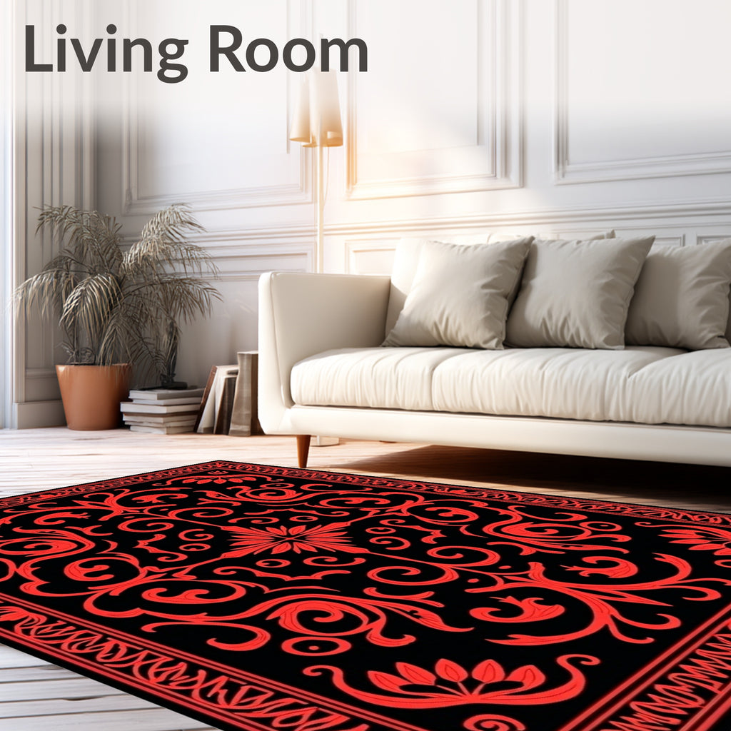 Red Floral Scrollwork Black Rug