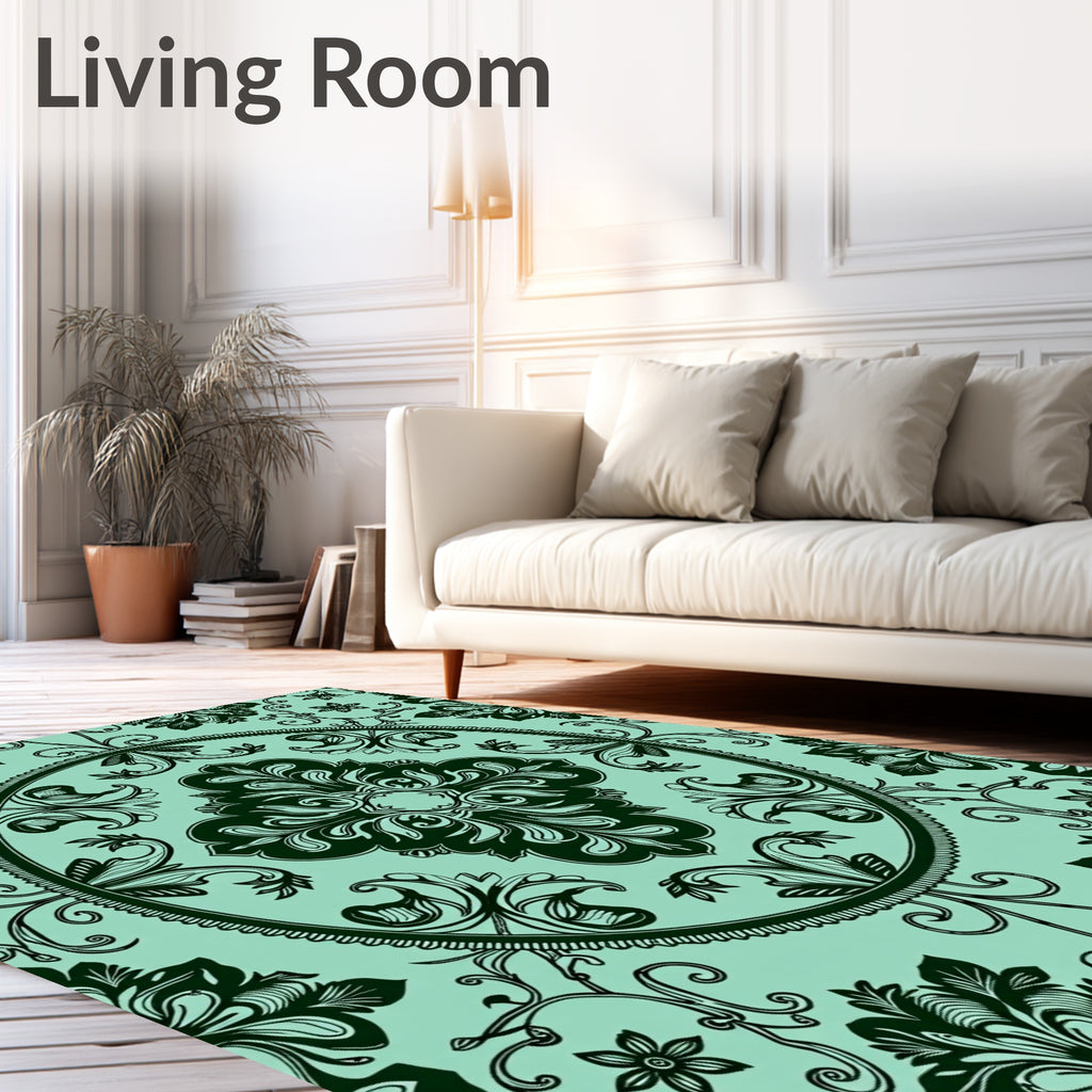 Teal and Black Damask Floral Medallion Rug