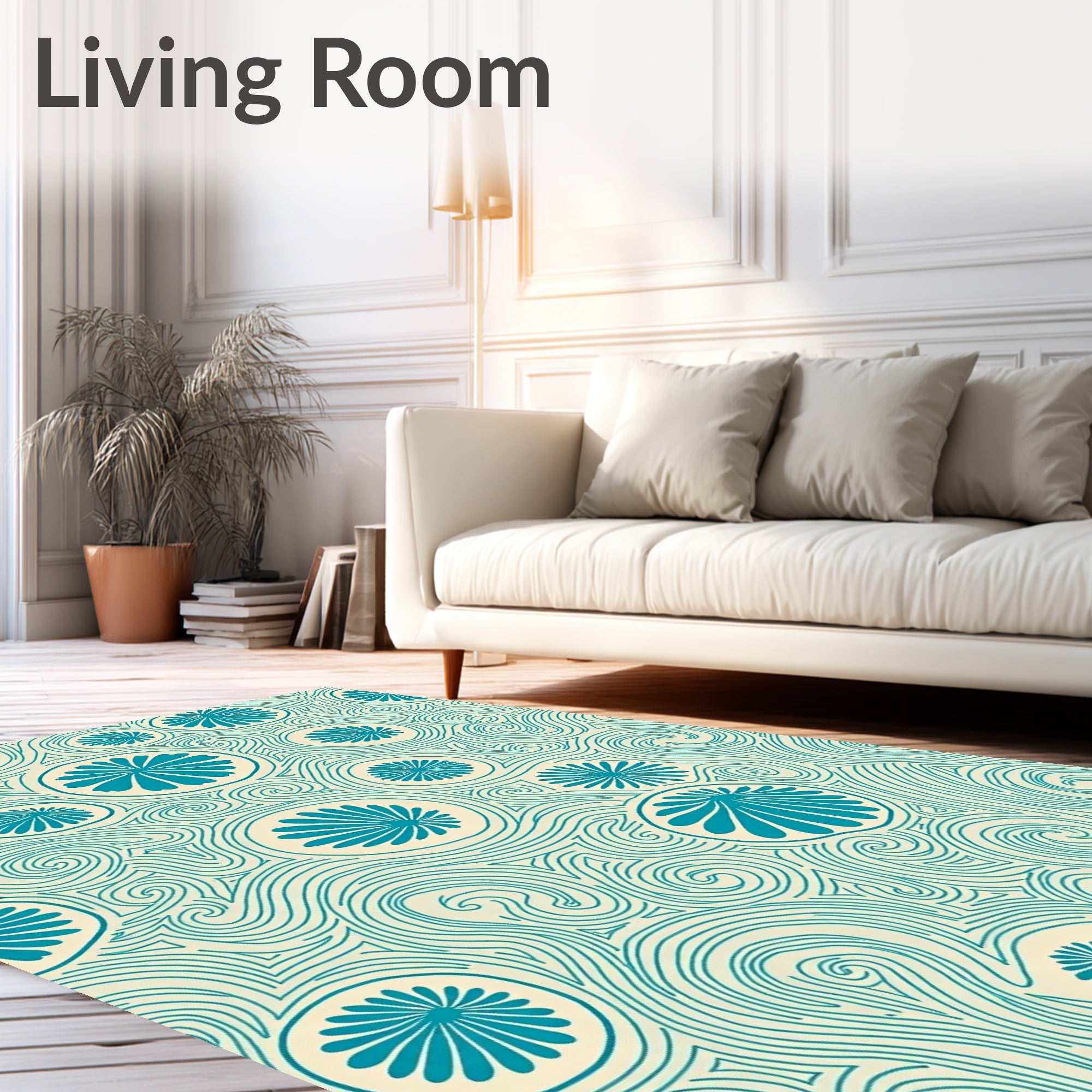 Teal Floral Swirl Cream Rug