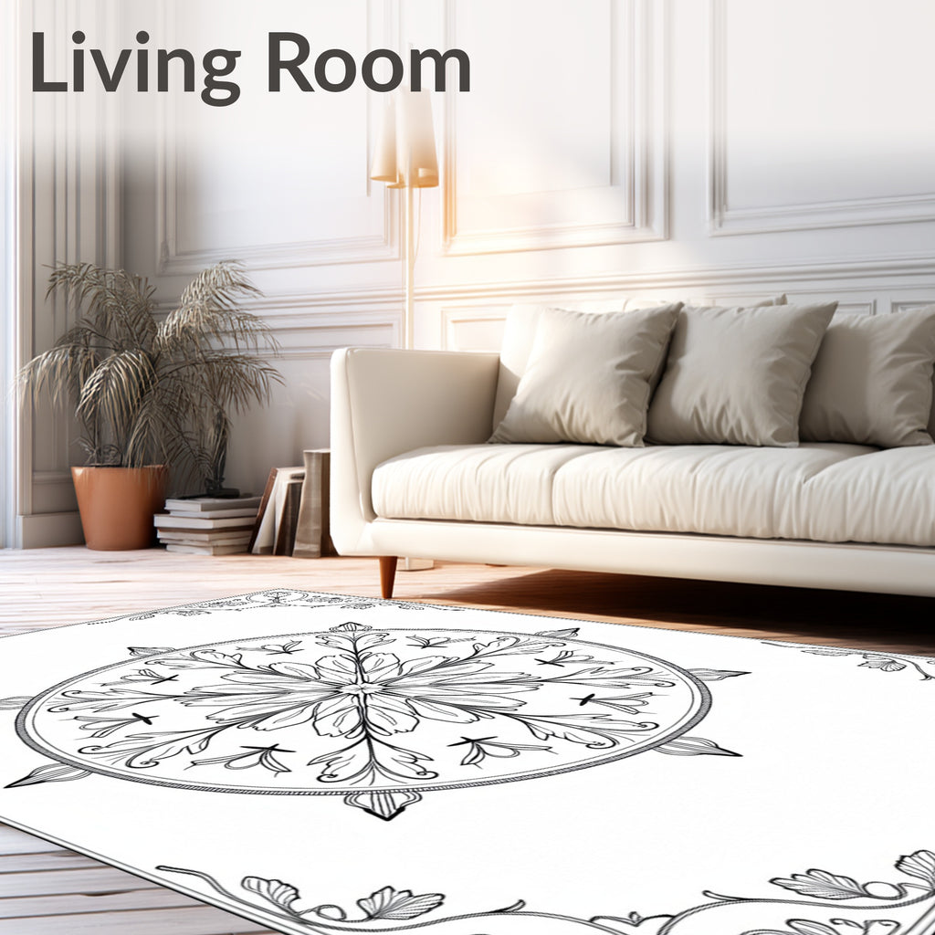 Ornate Floral Mandala Black White Rug