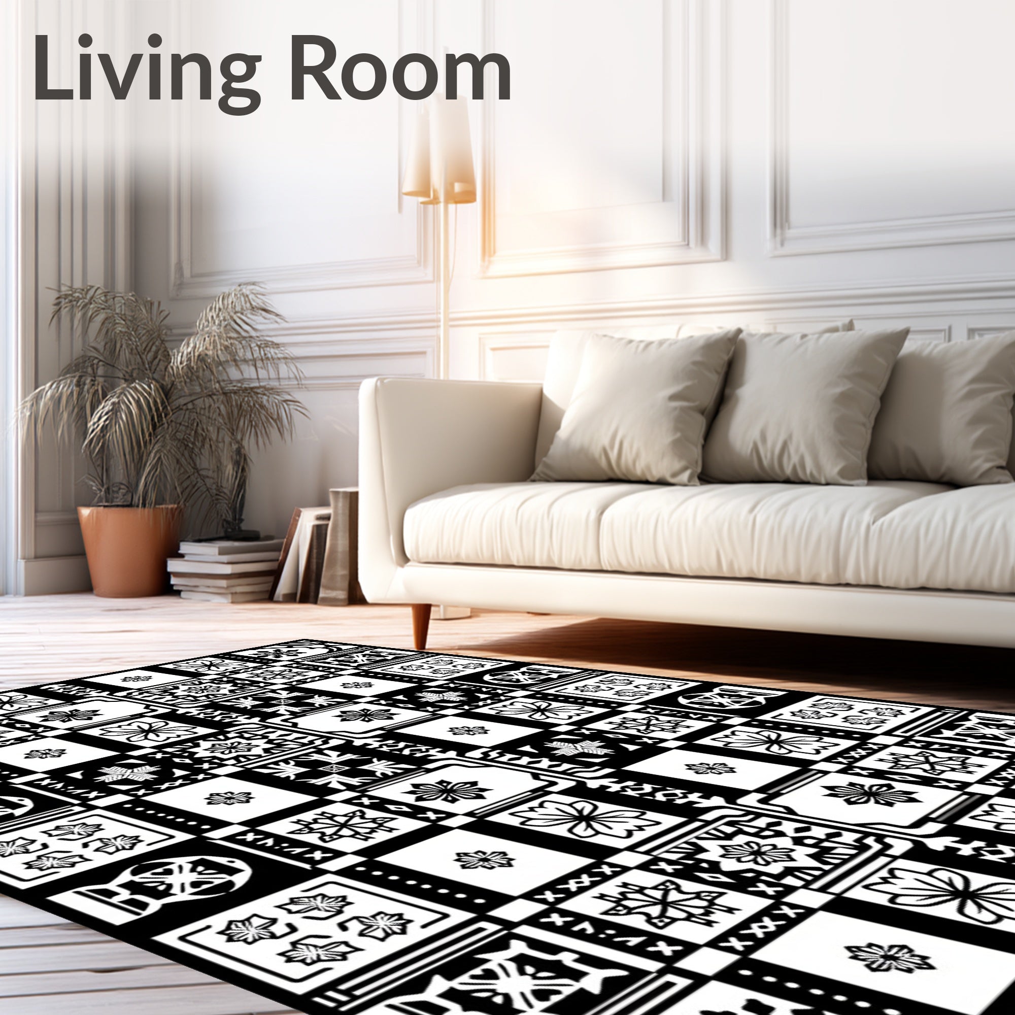 Monochrome Floral Geometric Patchwork Rug