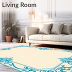 Elegant Aquamarine Scrollwork Border Rug