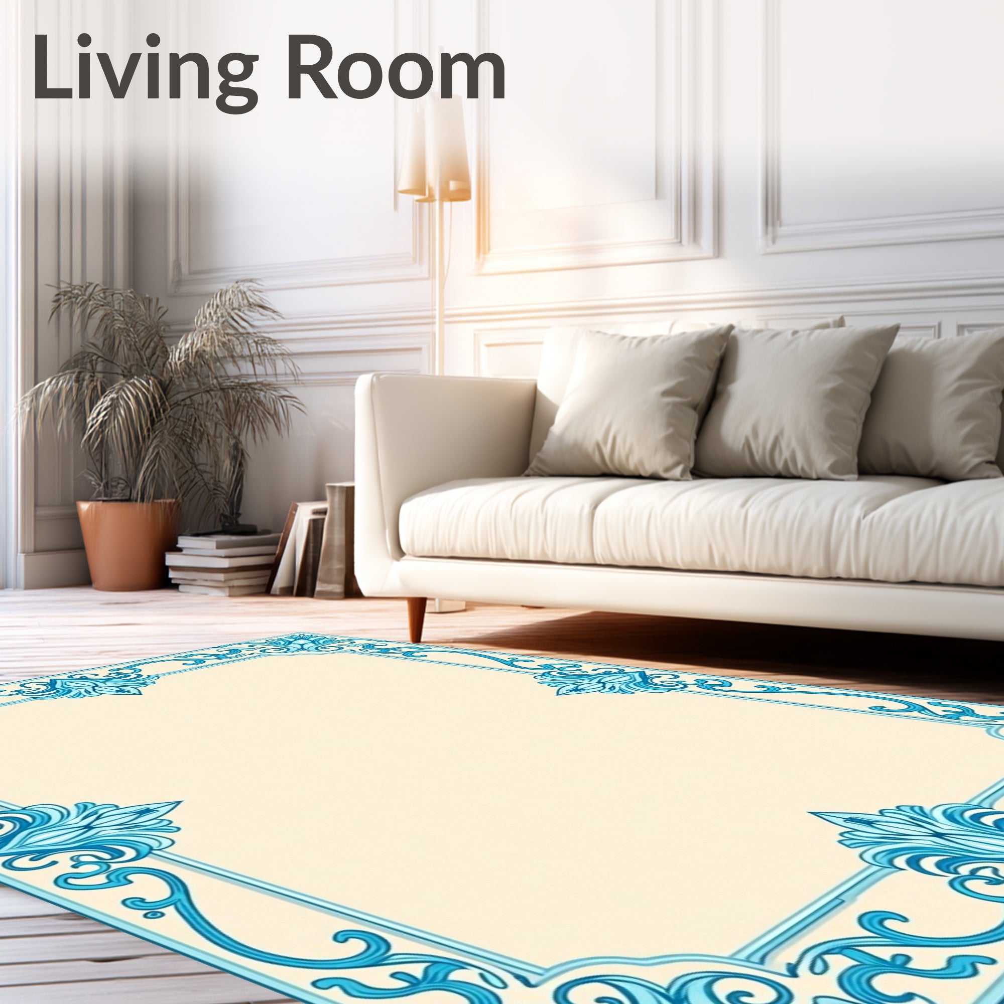 Elegant Aquamarine Scrollwork Border Rug