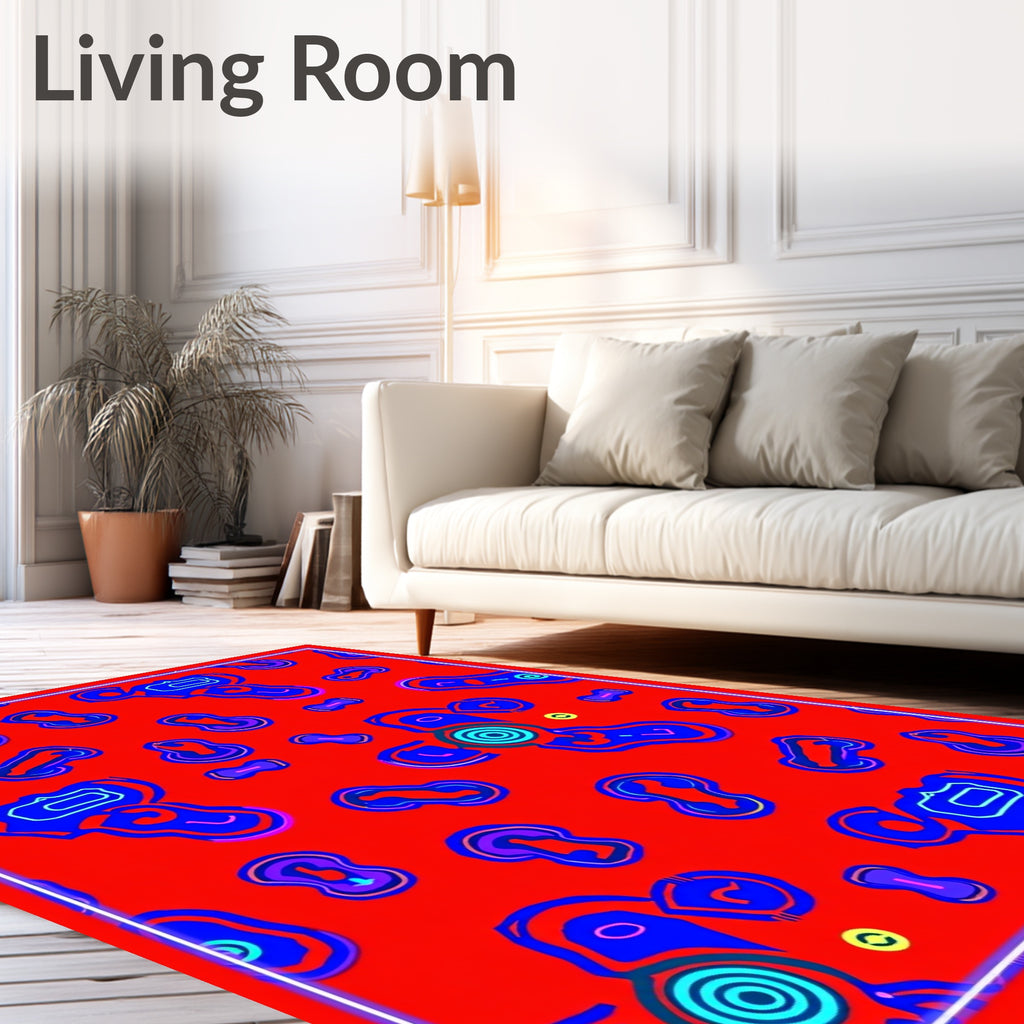 Vibrant Red Blue Abstract Organic Shapes Rug