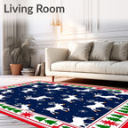 White Reindeer Festive Navy Christmas Border Rug