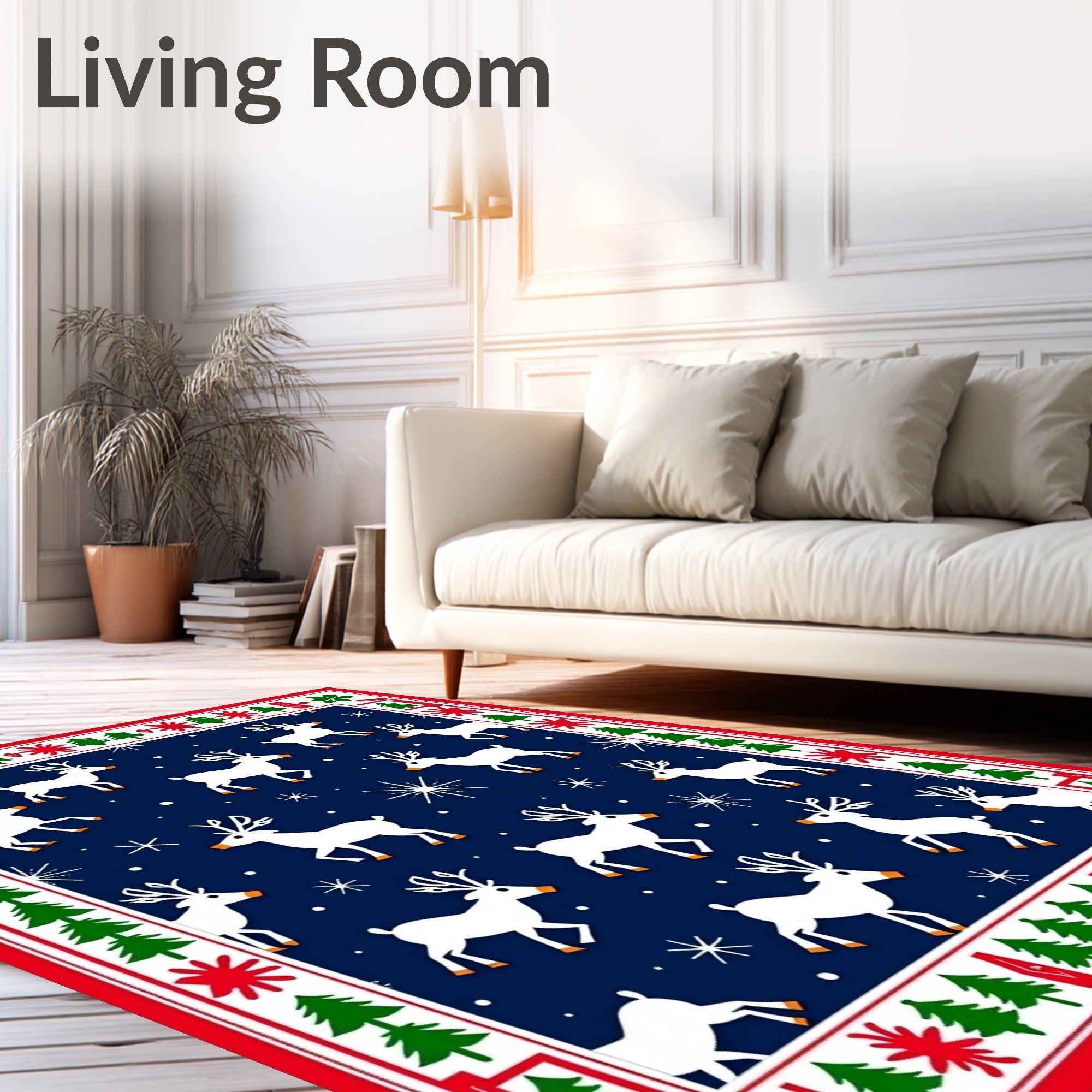 White Reindeer Festive Navy Christmas Border Rug
