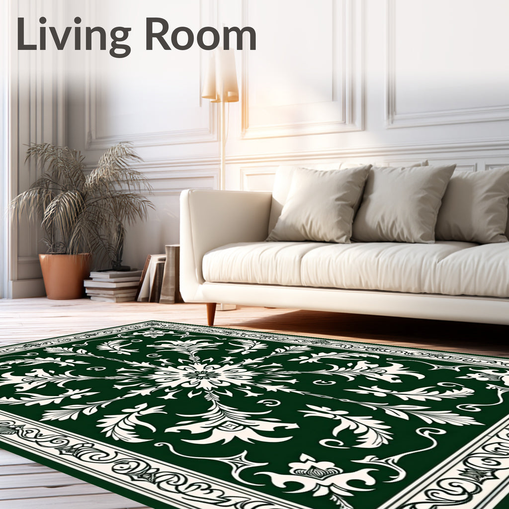 Emerald Green Floral Medallion Border Rug