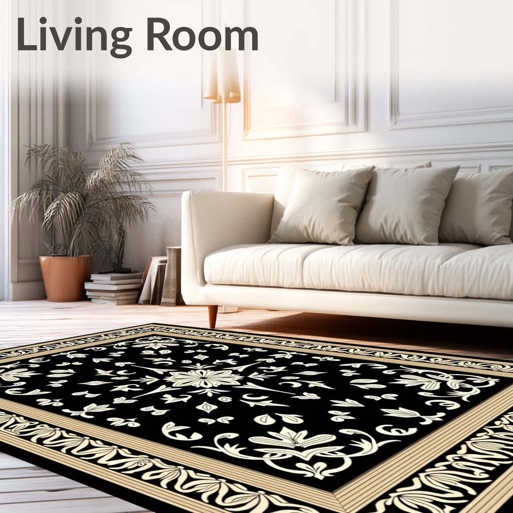 Cream Floral Border on Black Rug