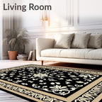 Cream Floral Border on Black Rug