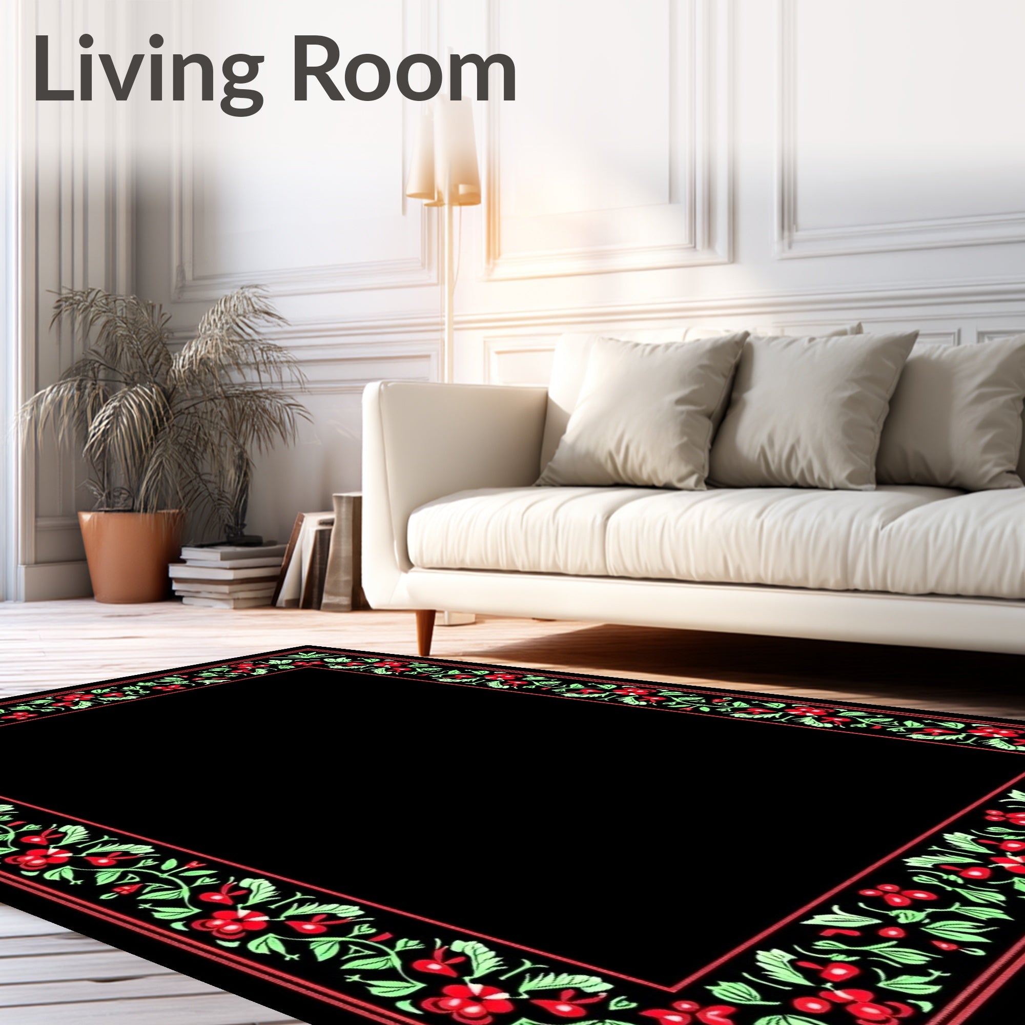 Vibrant Red Floral Vine Border Rug