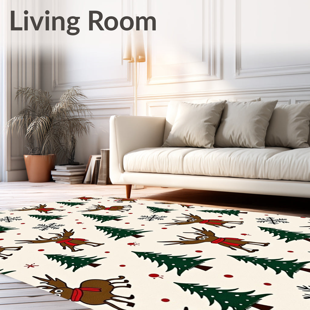 Cute Woodland Reindeer with Festive Trees Rug