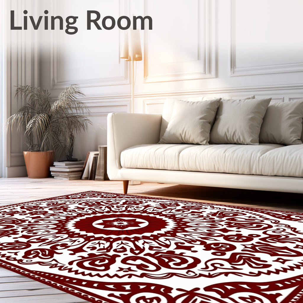 Crimson Mandala Scrollwork Floral Rug