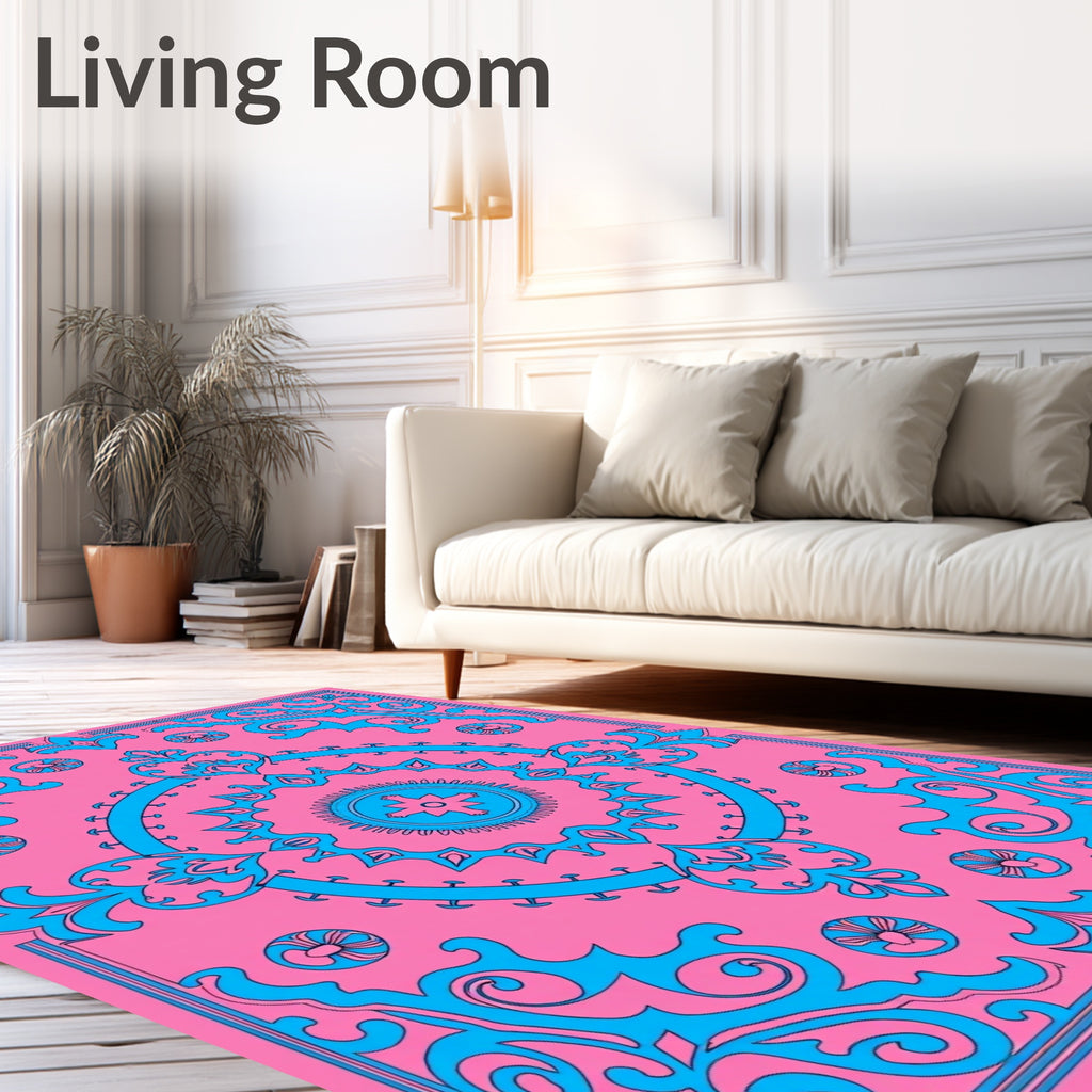 Bright Pink Sky Blue Scroll Medallion Rug