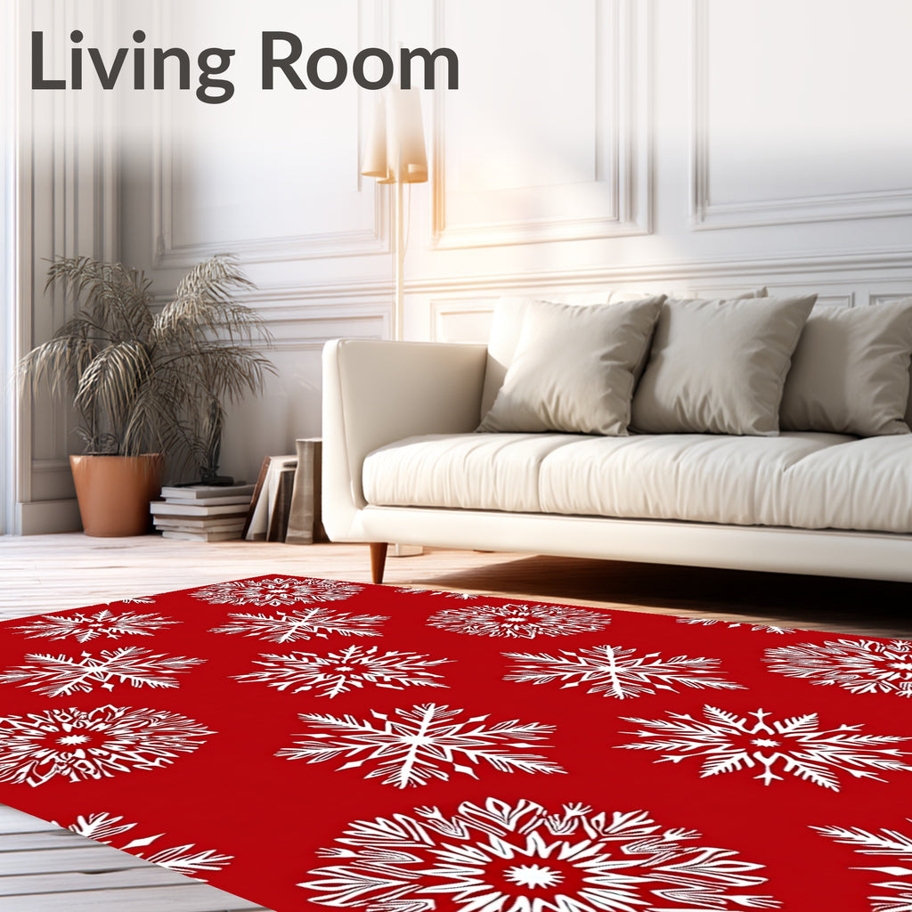 White Snowflakes on Red Background Rug