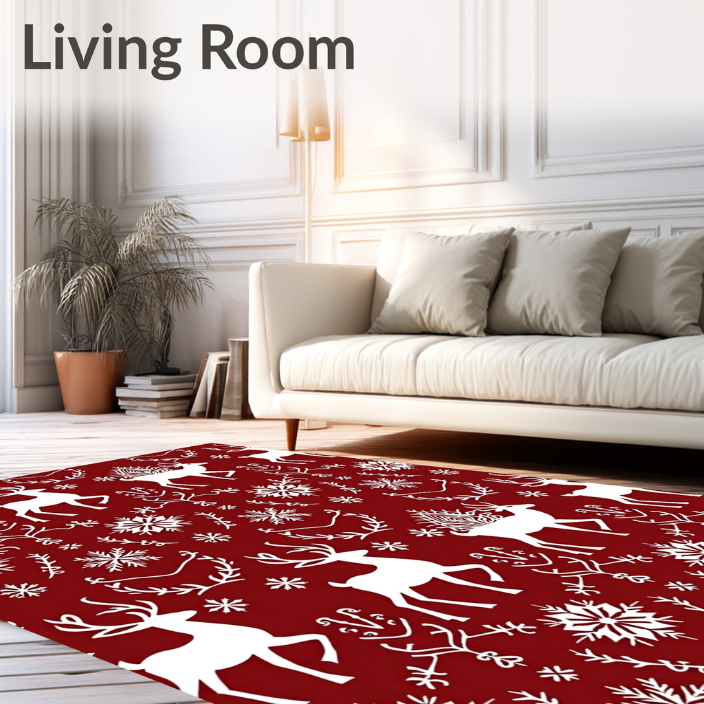 Crimson White Reindeer Snowflake Garland Rug