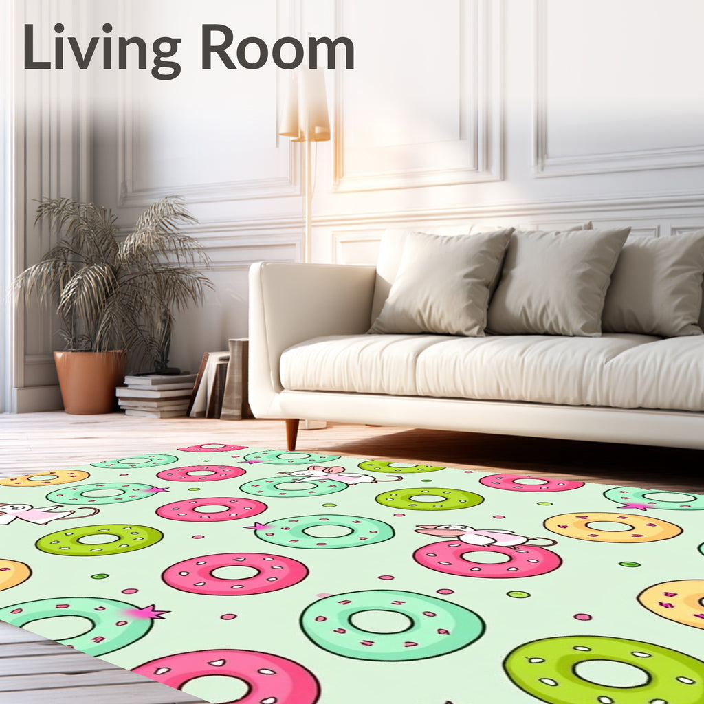 Whimsical Mice With Pink Green Donuts Rug