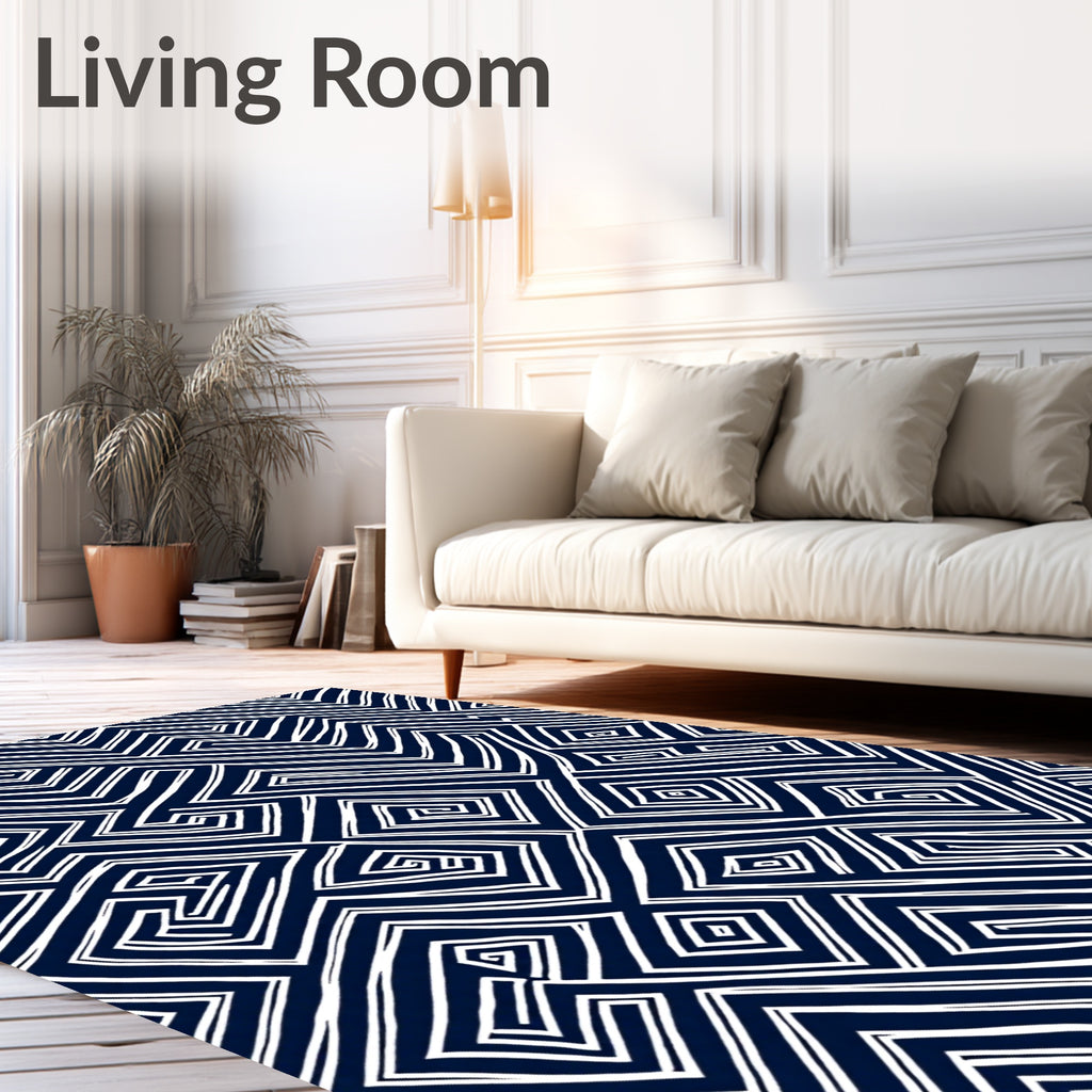 Navy White Hand Drawn Geometric Maze Rug