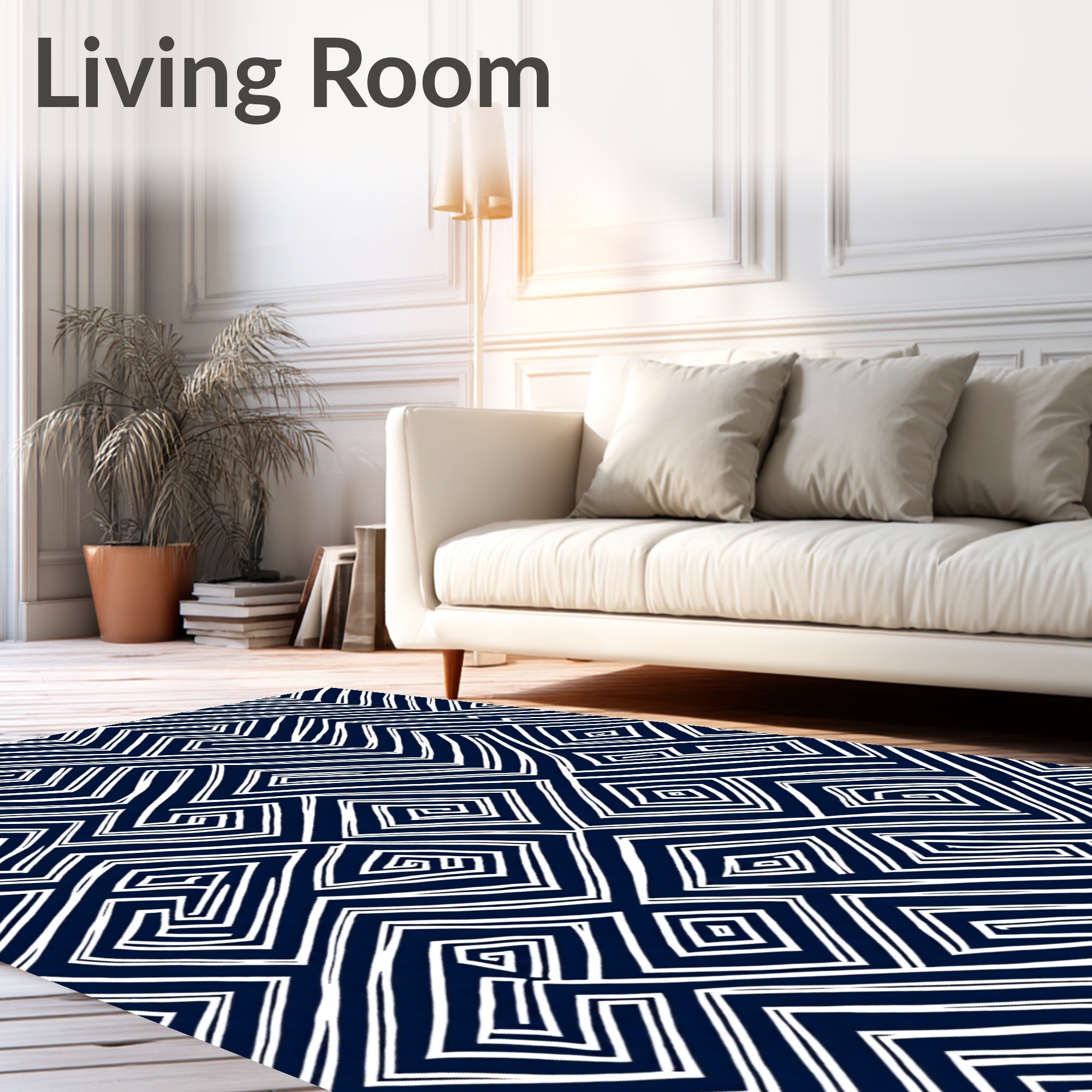 Navy White Hand Drawn Geometric Maze Rug