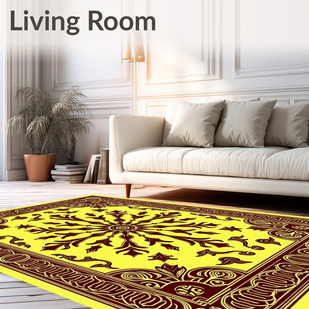 Yellow Burgundy Floral Sunburst Medallion Rug
