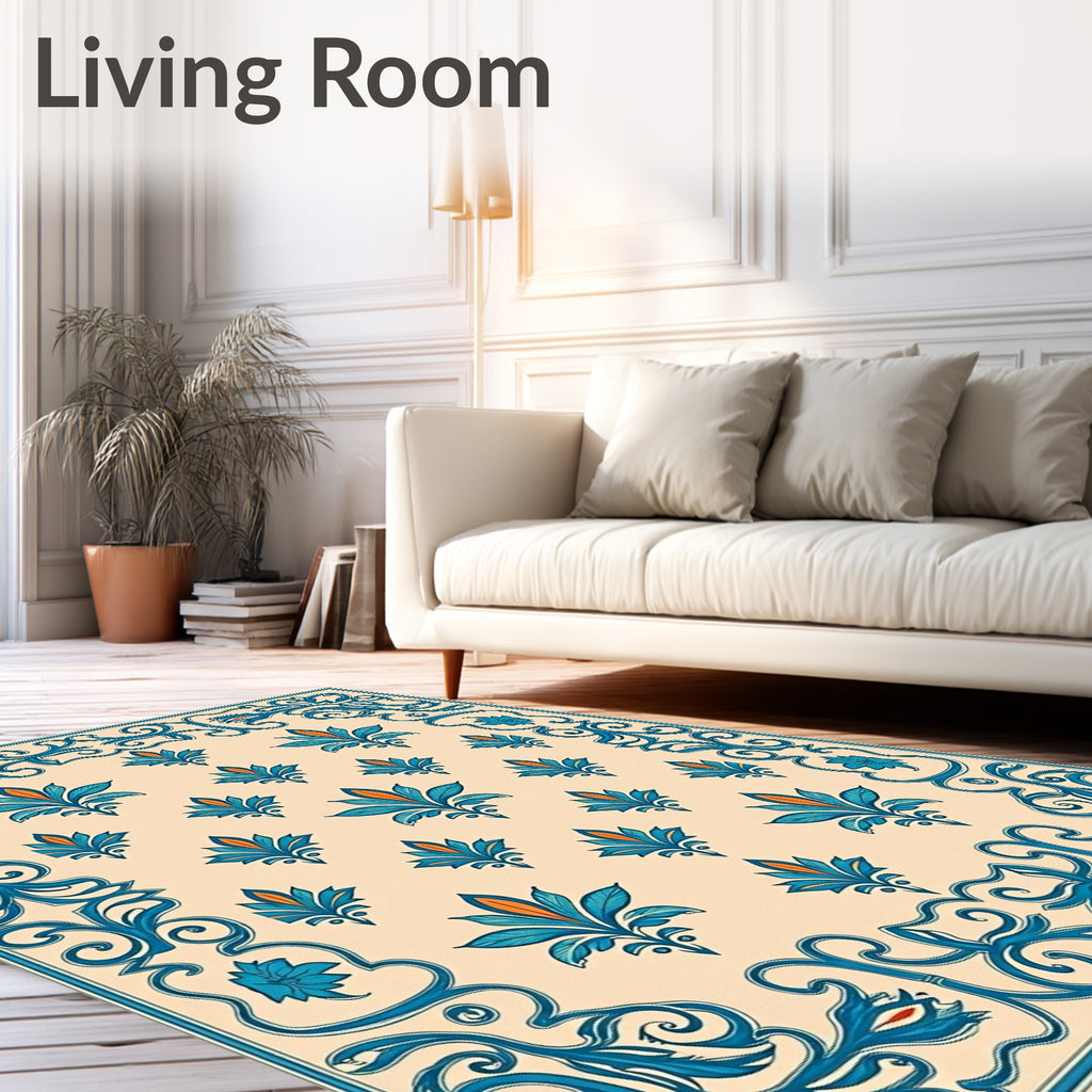 Teal Orange Floral Scroll Frame Rug