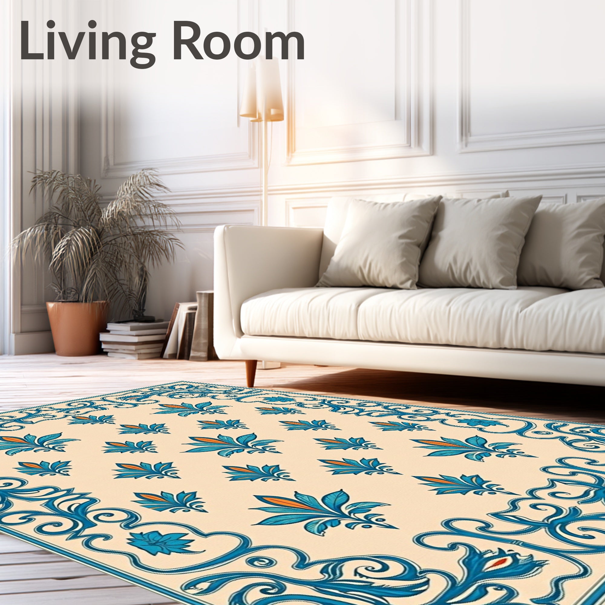 Teal Orange Floral Scroll Frame Rug