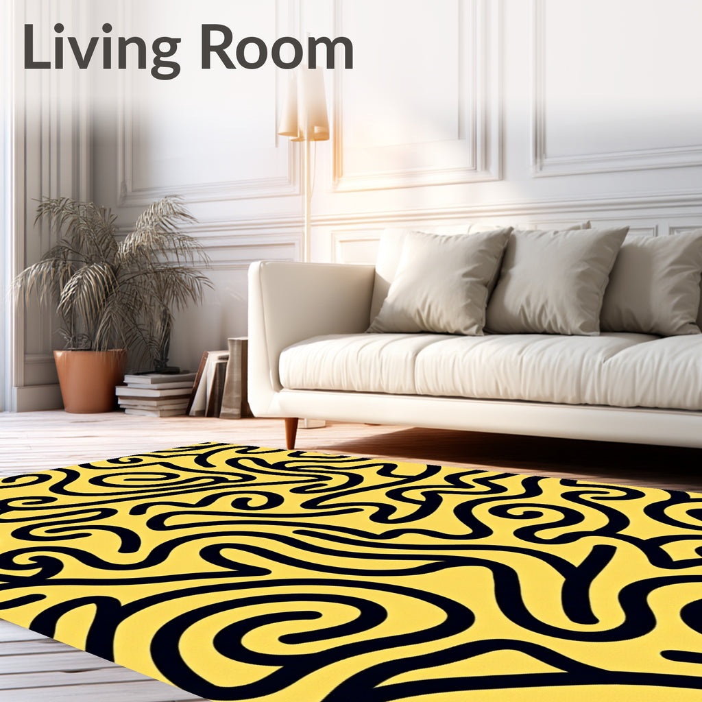 Bold Black Swirls Yellow Lines Rug