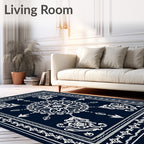 Midnight Blue White Medallion Border Rug