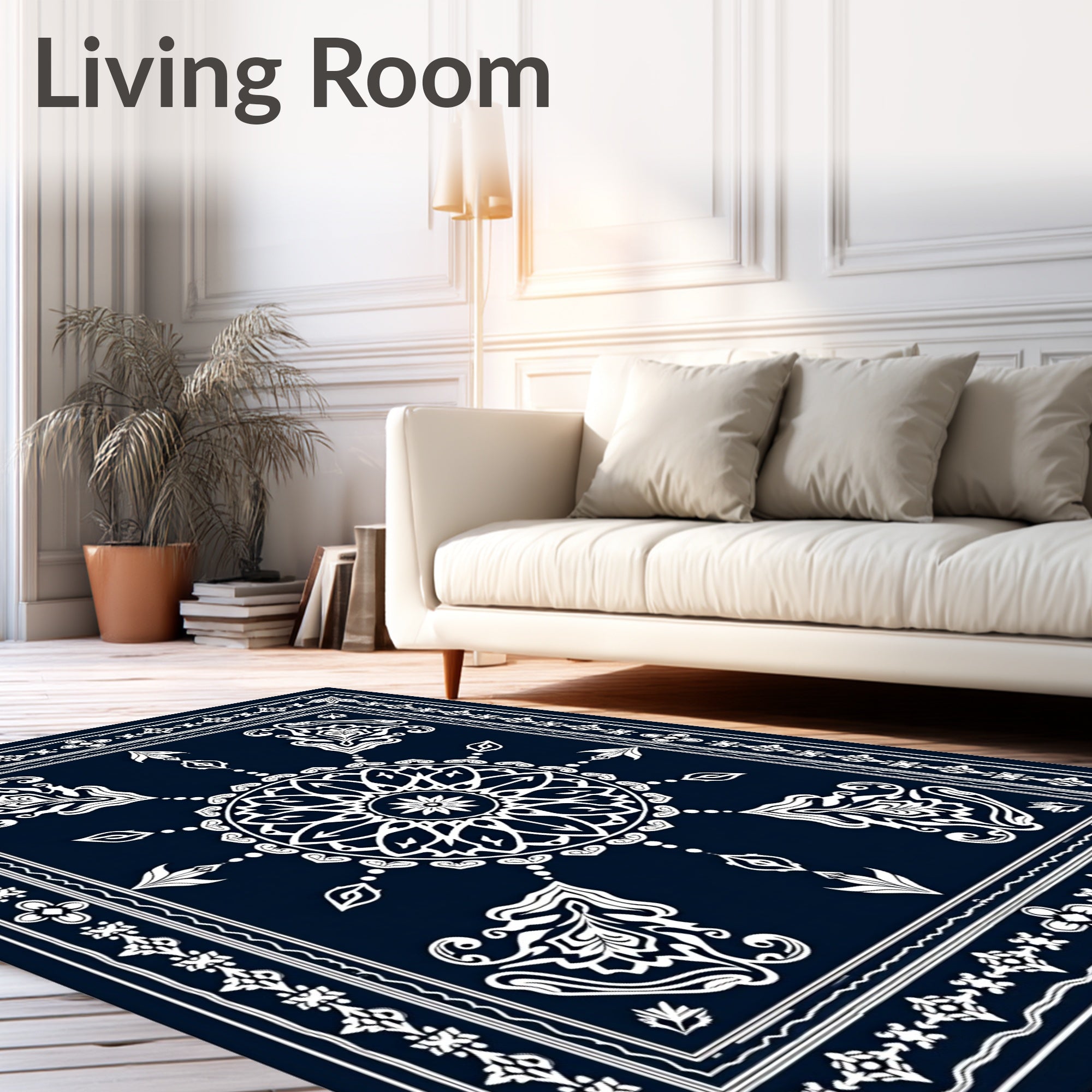 Midnight Blue White Medallion Border Rug