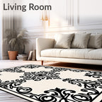 Ornate Black Scrollwork Cream Medallion Rug