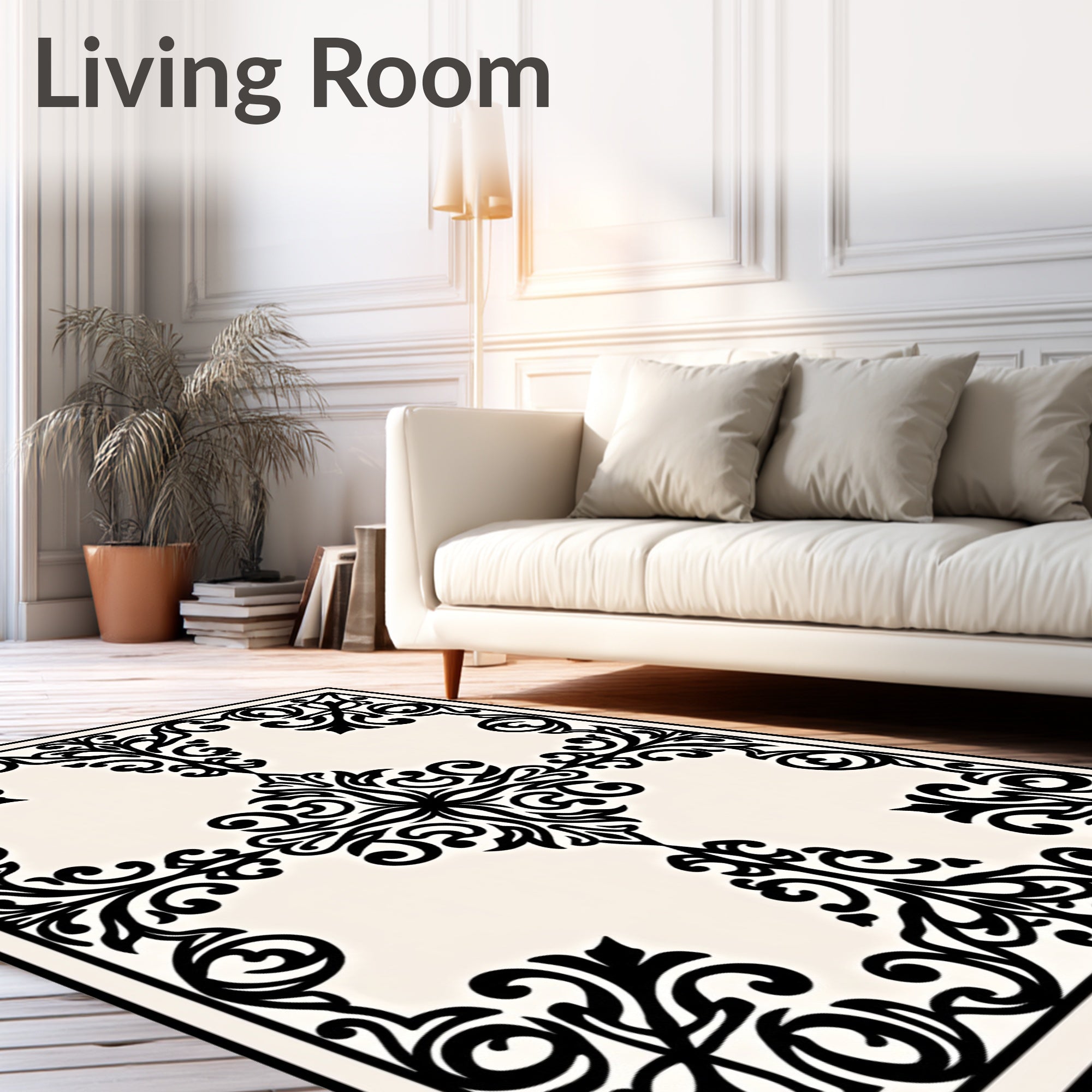 Ornate Black Scrollwork Cream Medallion Rug