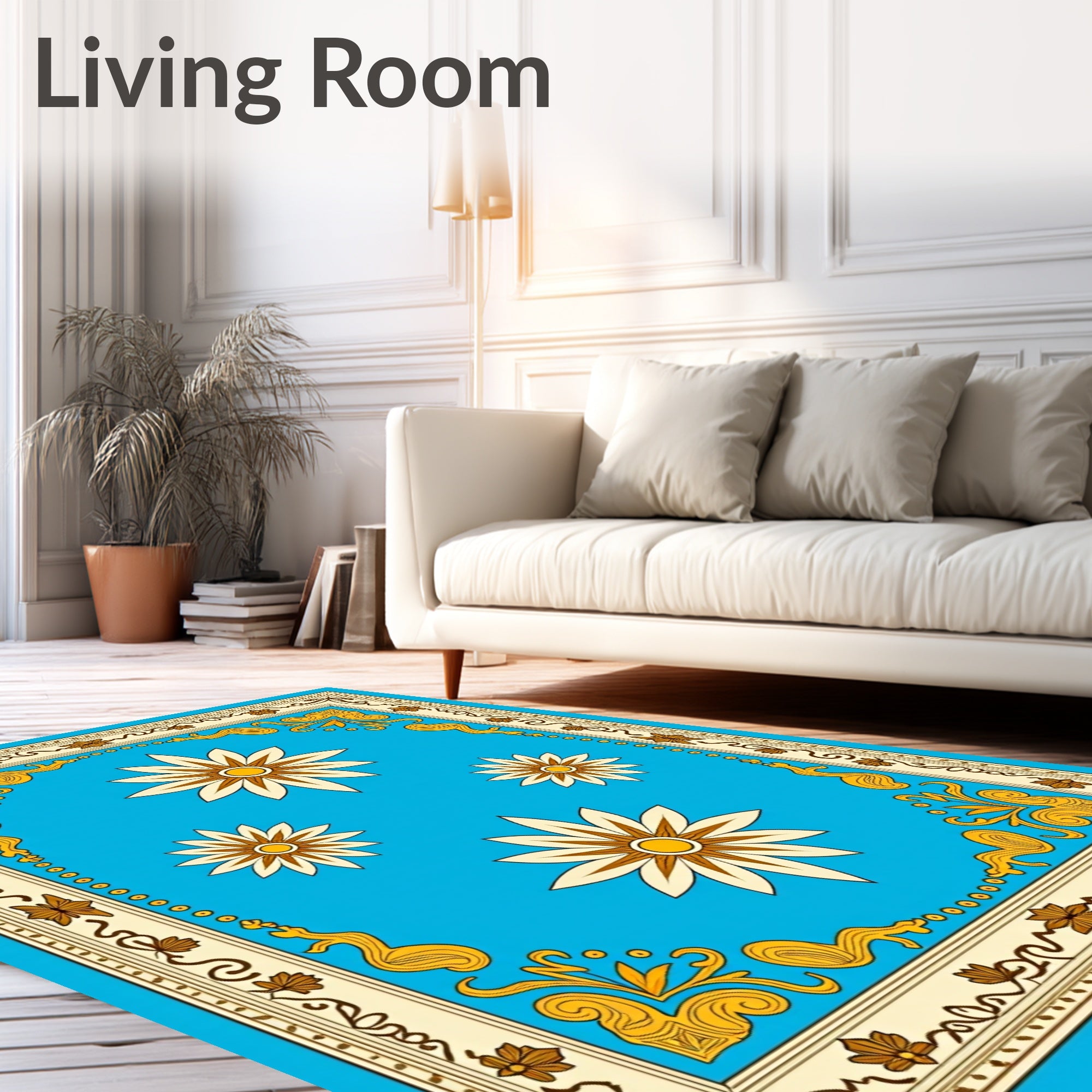 Bright Blue Floral Medallion Border Rug