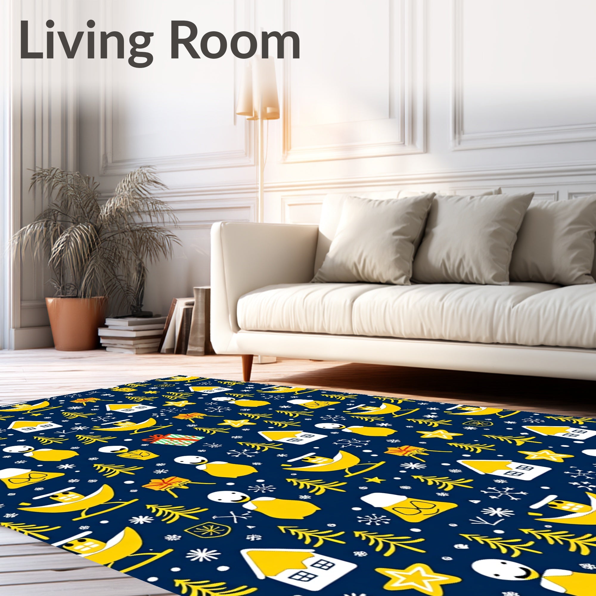 Yellow Christmas Houses Trees Stars Snowflakes Rug