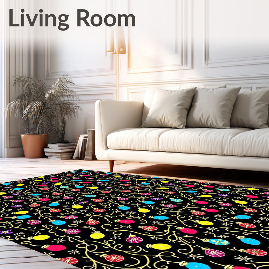 Colorful Holiday Lights Garland Black Rug