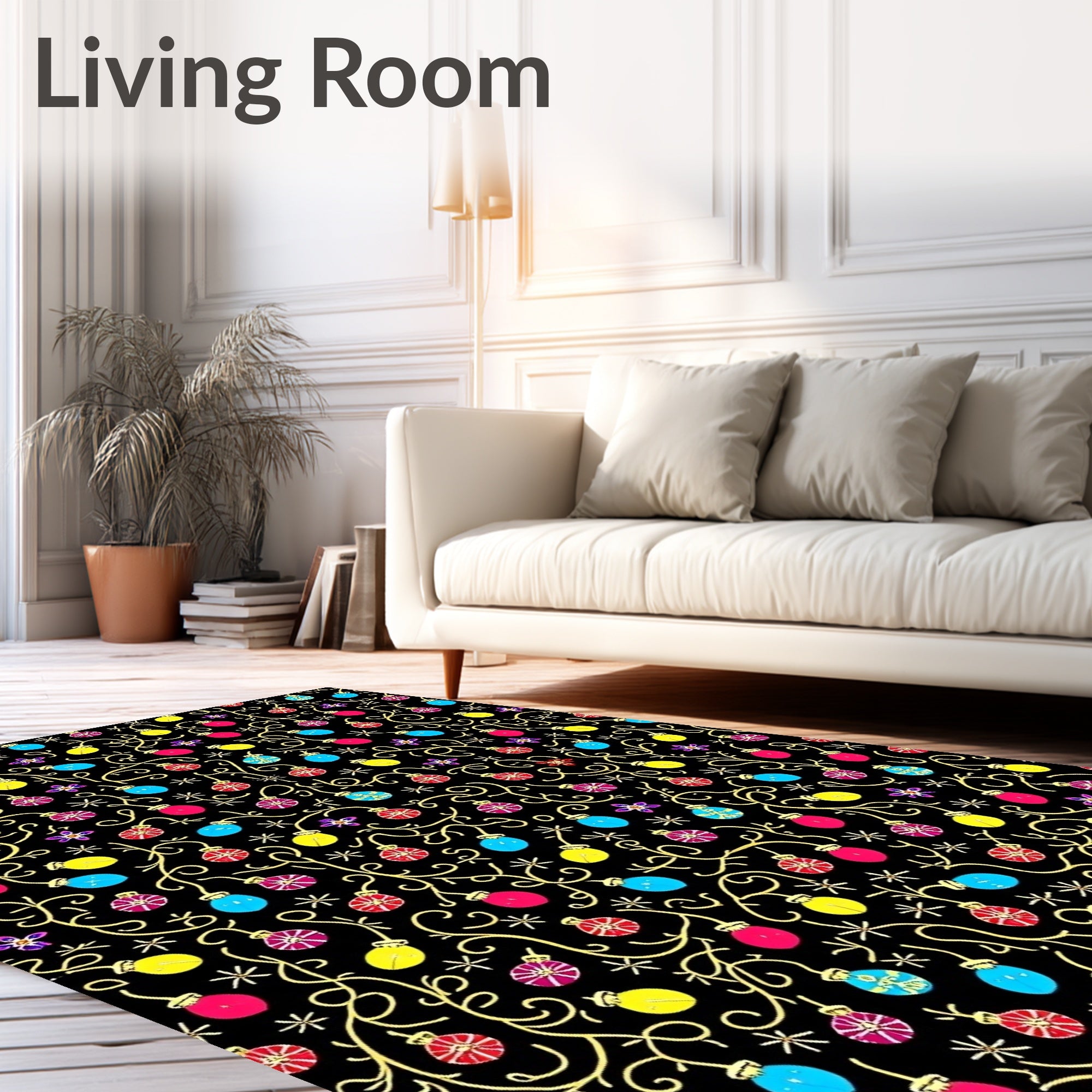 Colorful Holiday Lights Garland Black Rug