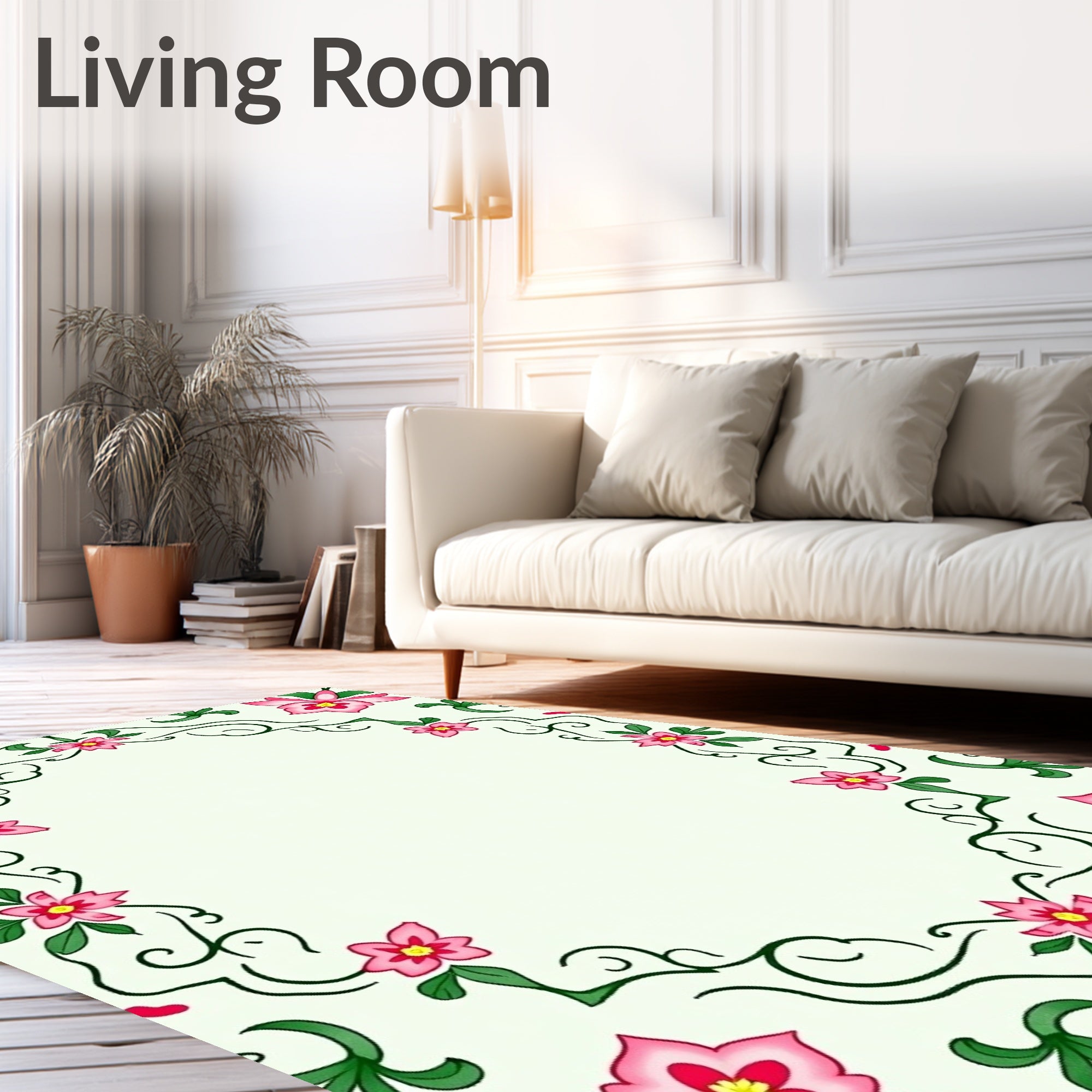 Whimsical Pink Floral Vine Border Rug