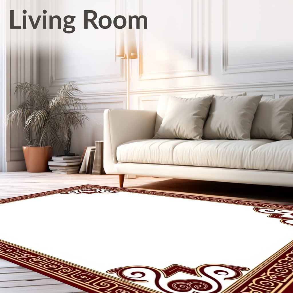 Ornate Red and Gold Scrollwork Border Rug