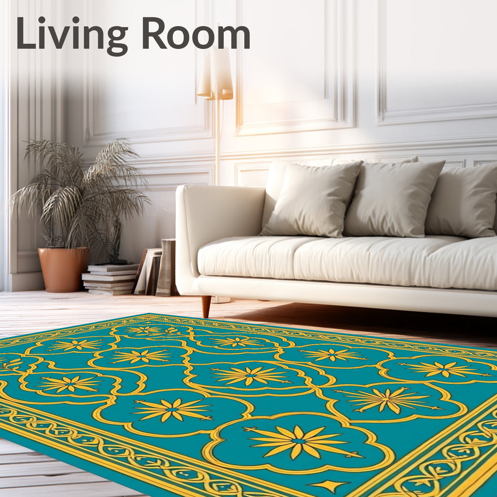 Teal and Gold Floral Arabesque Rug