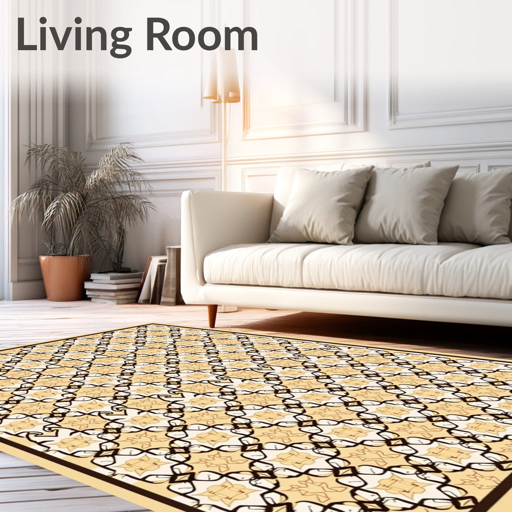 Cream and Brown Interlocking Arabesque Rug