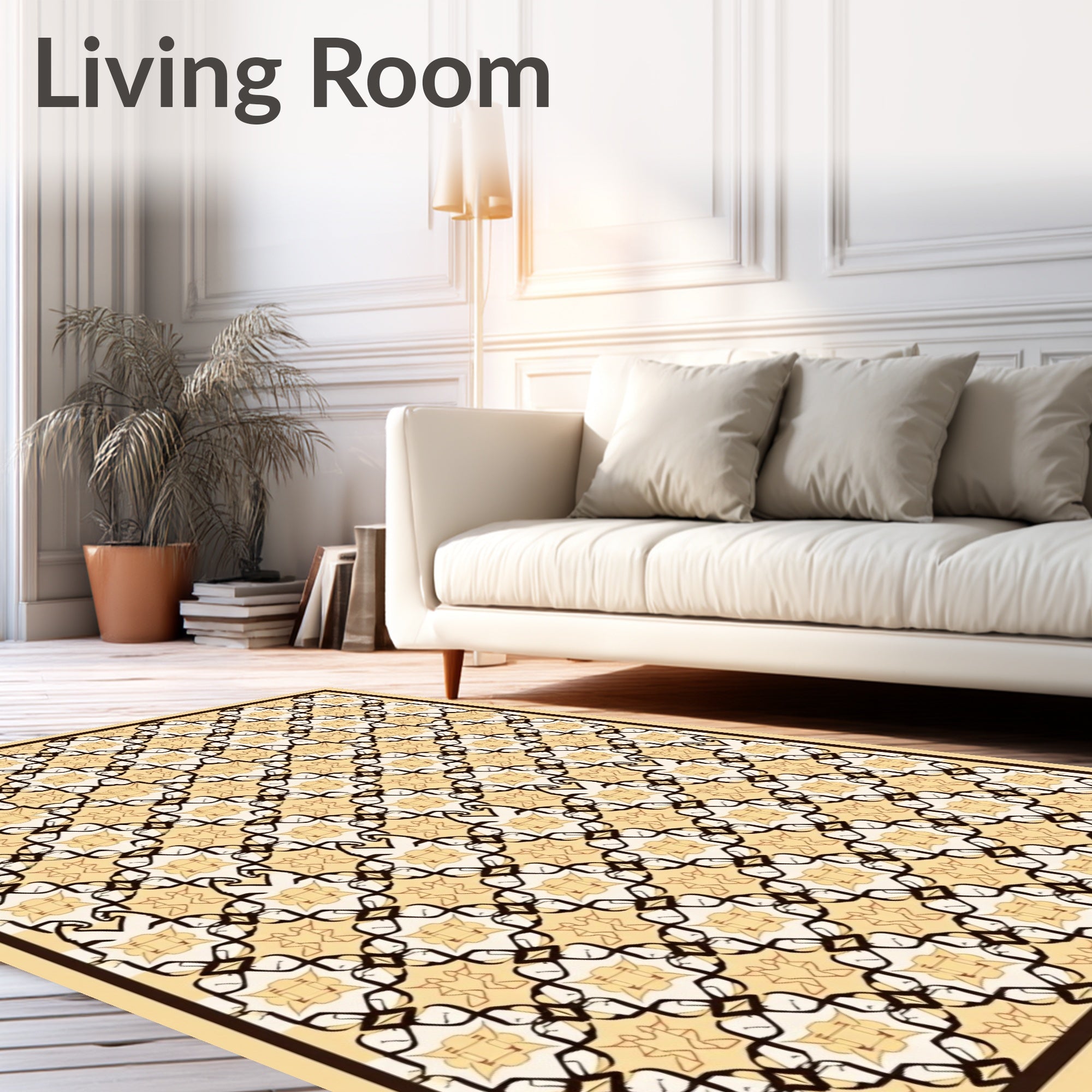 Cream and Brown Interlocking Arabesque Rug