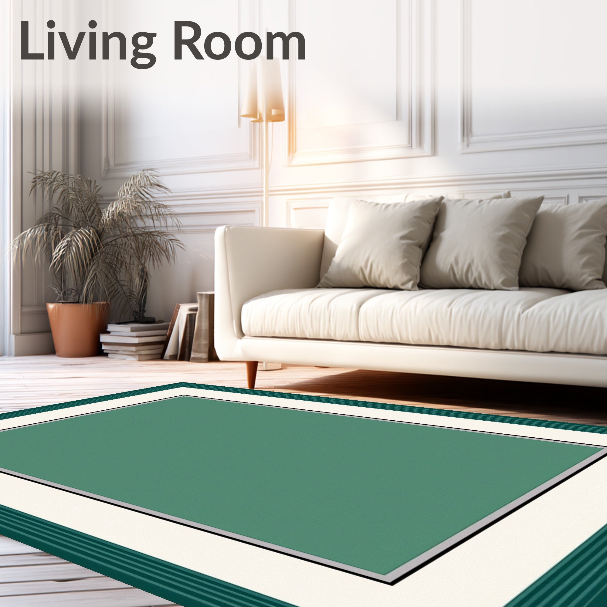 Deep Teal Cream Bordered Rectangle Rug