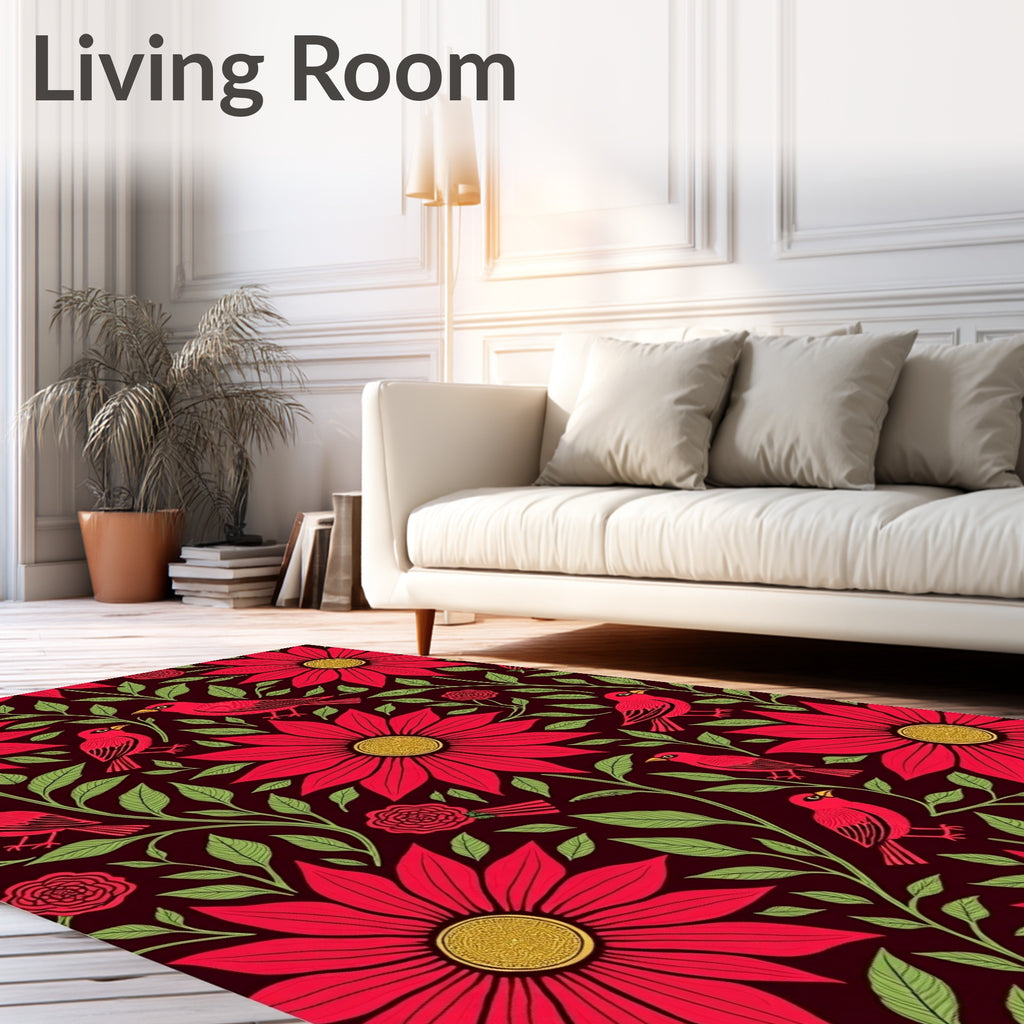 Crimson Birds Amidst Vibrant Floral Vines Rug