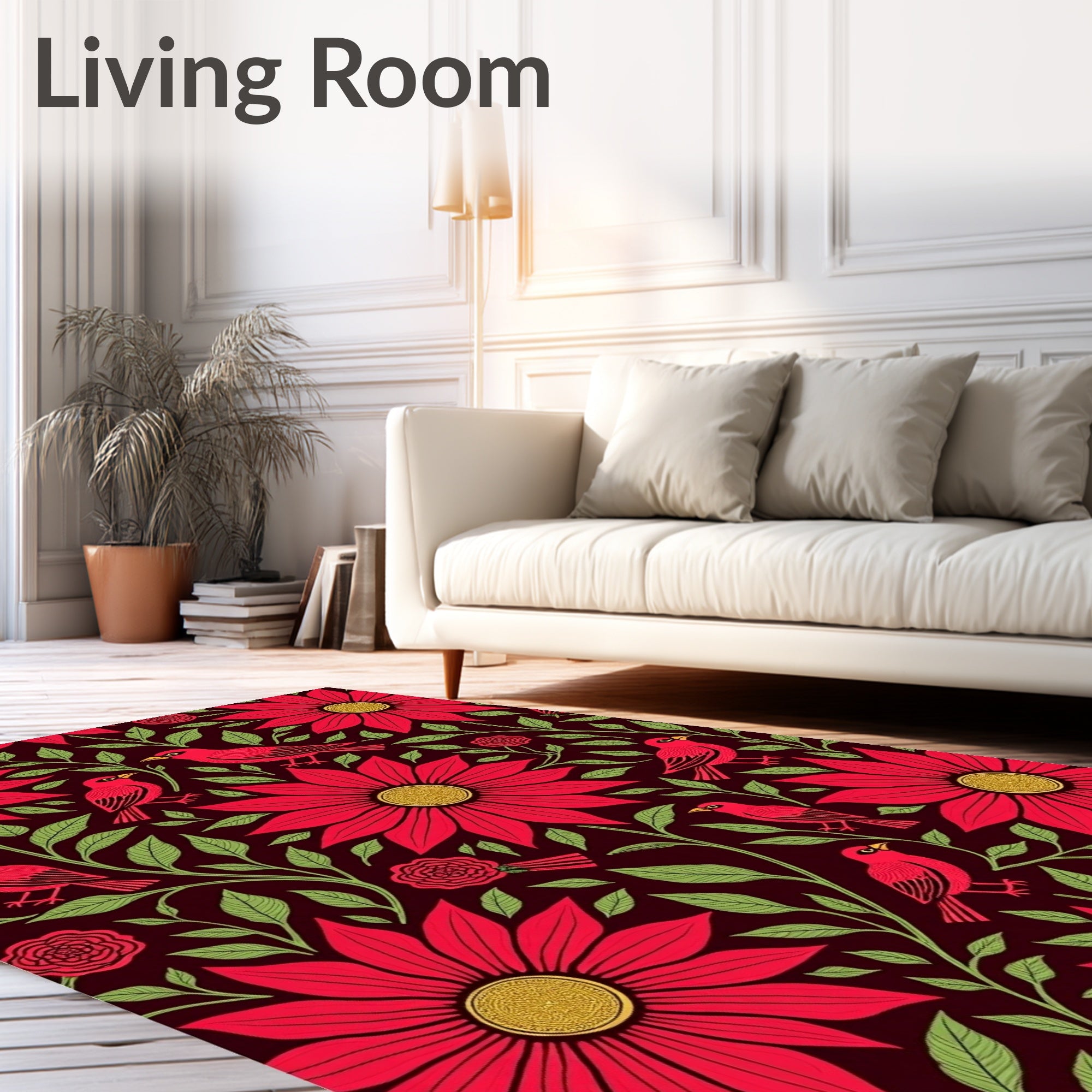 Crimson Birds Amidst Vibrant Floral Vines Rug