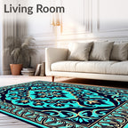Deep Aqua Golden Floral Medallion Rug